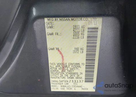 2014 Nissan Altima 2.5 Sv z USA, uszkodzony, nr VIN 1N4AL3AP5EN233137